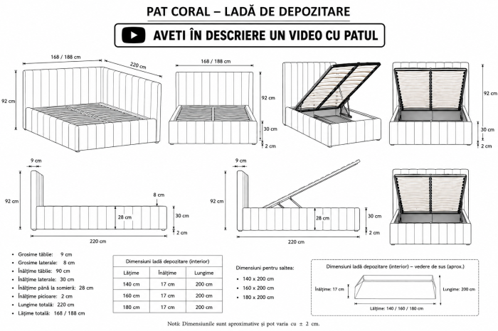 Pat Coral 120x200 cm Lada Depozitare Tapitat Catifea Bej Somiera Inclusa ( ML 2526 ) [6]