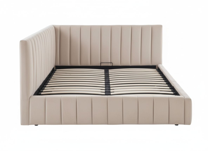 Pat Coral 140x200 cm Lada Depozitare Tapitat Catifea bej Somiera Inclusa ( ML 2526 ) [4]