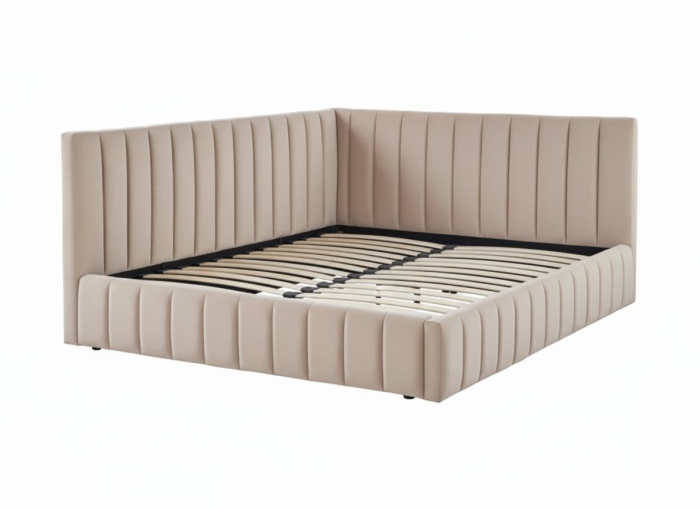 Pat Coral 160x200cm Lada Depozitare Tapitat Catifea bej Somiera  Inclusa ( ML 2526 ) [3]