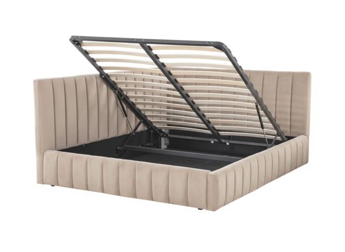 Pat Coral 160x200cm Lada Depozitare Tapitat Catifea bej Somiera  Inclusa ( ML 2526 ) [2]