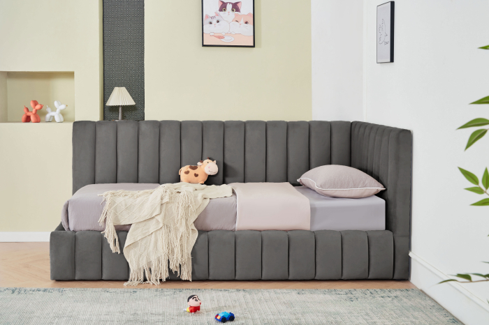 Pat Coral 90x200 cm Lada Depozitare Tapitat Catifea Gri Somiera Inclusa ( ML 2526 ) [2]