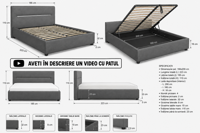 Pat Cozy 160x200 Lada de Depozitare Tapitat Stofa Gri (cod: ML2412) [5]