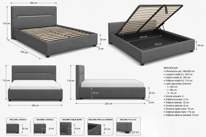 Pat Cozy 160x200 Lada de Depozitare Tapitat Stofa Gri (cod: ML2412) [6]