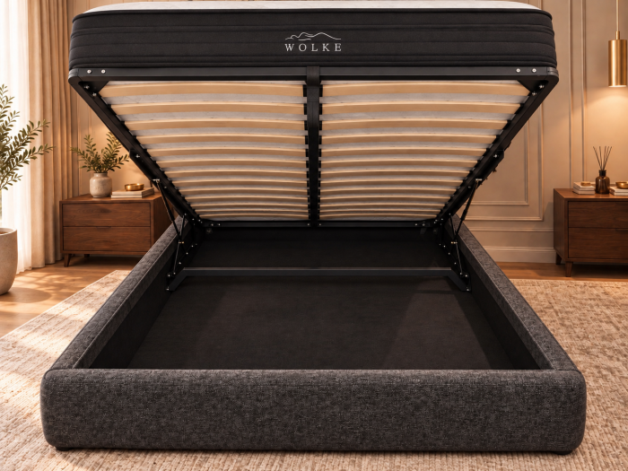 Pat Cozy 160x200 Lada de Depozitare Tapitat Stofa Gri (cod: ML2412) [3]