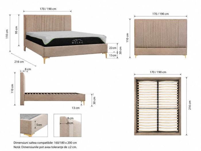 Pat Elegance 180x200 cm Tapitat Catifea Camel [8]
