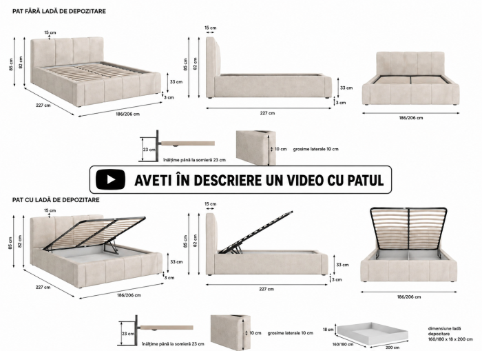 Pat Giovanni 180x200 Cu Lada De Depozitare Tapitat Catifea Bej Somiera Inclusa [3]