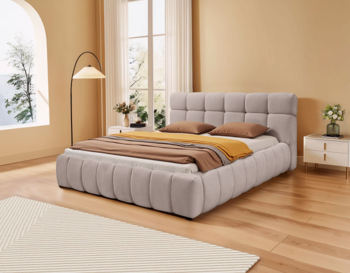 Pat Grande 180x200 cm Lada Depozitare Tapitat Stofa Maro Deschis Somiera Inclusa [2]