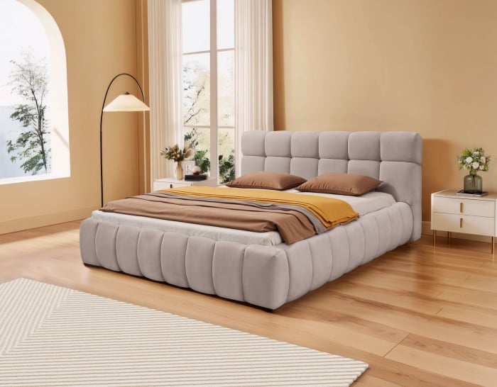 Pat Grande 160x200 cm Tapitat Stofa Maro Deschis Somiera Inclusa [1]