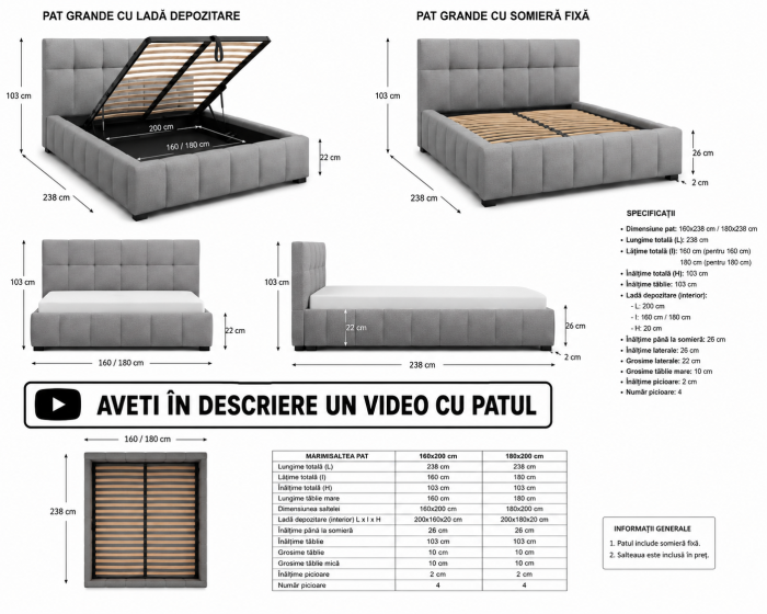 Pat Grande 160x200 cm Tapitat Stofa Maro Deschis Somiera Inclusa [11]