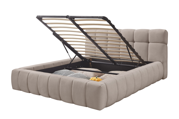 Pat Grande 180x200 cm Lada Depozitare Tapitat Stofa Maro Deschis Somiera Inclusa [4]