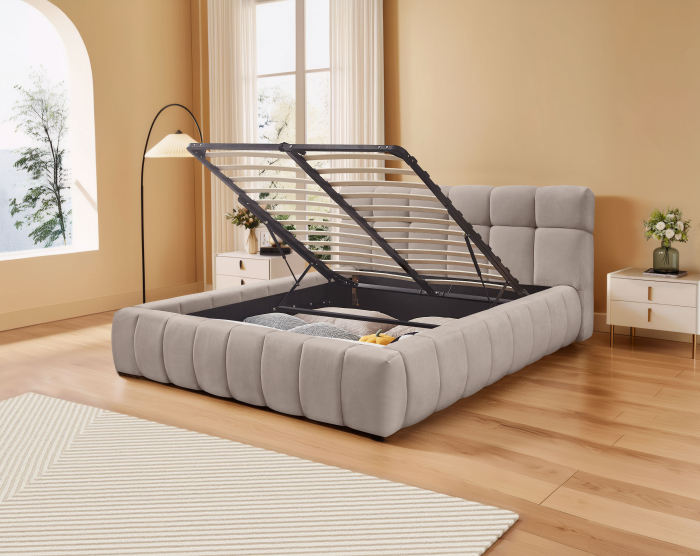 Pat Grande 180x200 cm Lada Depozitare Tapitat Stofa Maro Deschis Somiera Inclusa [1]