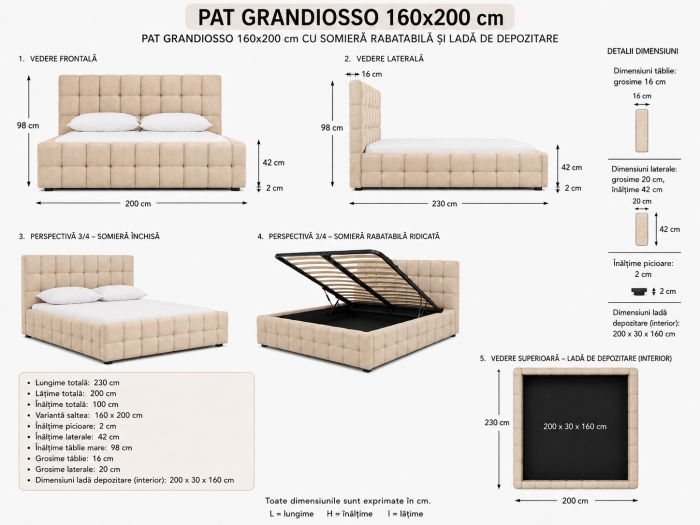 Pat Grandiosso 160x200 Cu Lada De Depozitare Tapitat Catifea Bej [11]