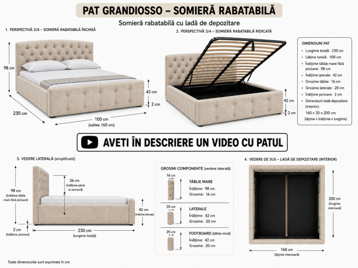 Pat Grandiosso 160x200 Cu Lada De Depozitare Tapitat Catifea Gri [11]