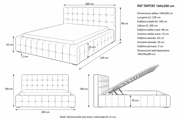 Pat Grandissimo 160x200 Cu Lada De Depozitare Tapitat Catifea Gri [11]