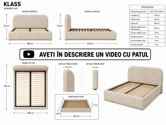 Pat Klass 160x200 cu Lada de Depozitare Tapitat Stofa Bej Somiera Inclusa [11]