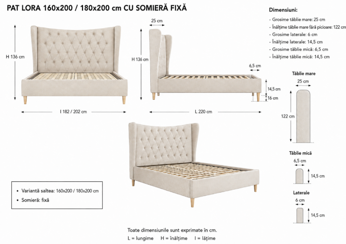 Pat Lora 180x200 cm Tapitat Catifea Bej Somiera Inclusa [7]