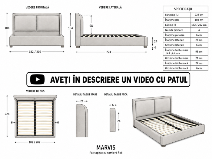 Pat Marvis 180x200 cm Tapitat Catifea Nuanta Crem Somiera Inclusa (cod 8211) [5]