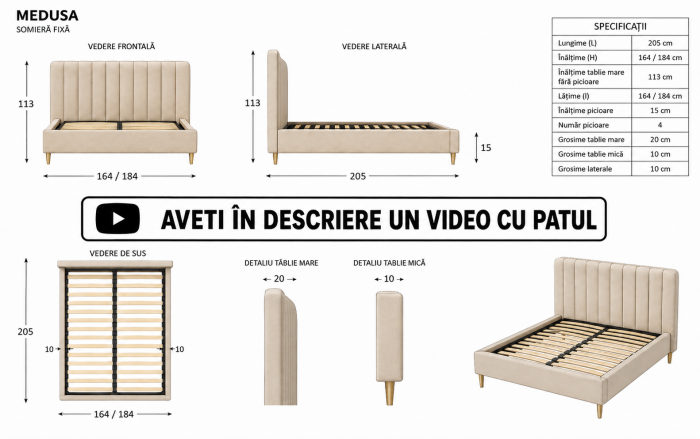 Pat Medusa 140x190 cm Tapitat Catifea Nuanta Crem Somiera Inclusa (cod 9925-01) [7]