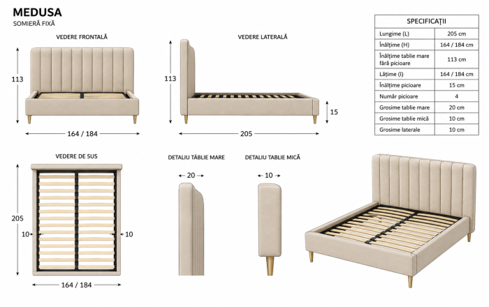 Pat Medusa 160x190 cm Tapitat Catifea Nuanta Crem Somiera Inclusa (cod 9925) [7]
