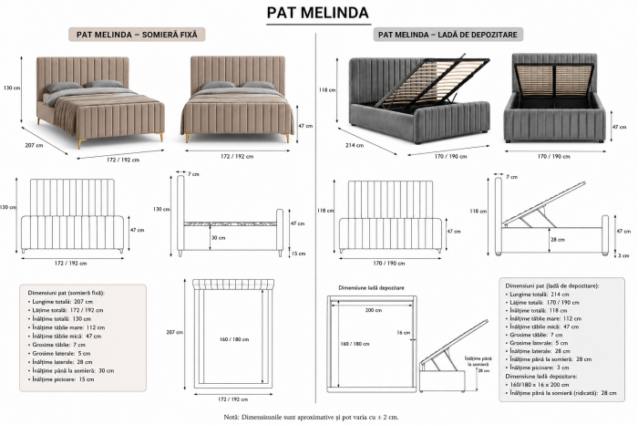 Pat Melinda 160x200 Lada de Depozitare Tapitat Catifea Bej [6]