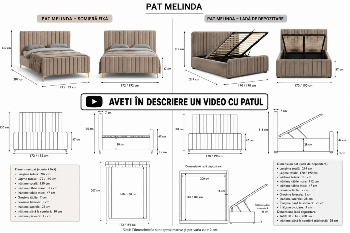 Pat Melinda 180X200 Tapitat Catifea Bej Somiera Inclusa [5]