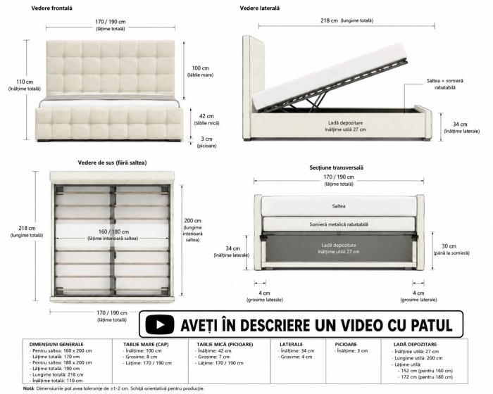 Pat Metropol 160x200 cm Lada Depozitare Tapitat Gri Somiera inclusa [3]