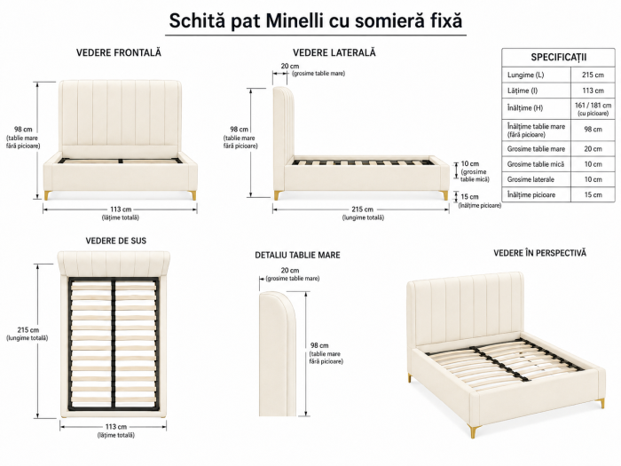 Pat Minelli 160x190 cm Tapitat Catifea Nuanta Crem Somiera Inclusa (cod RC65) [8]