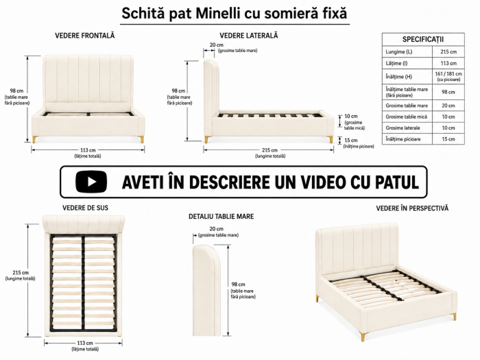 Pat Minelli 160x190 cm Tapitat Catifea Nuanta Crem Somiera Inclusa (cod RC65) [8]