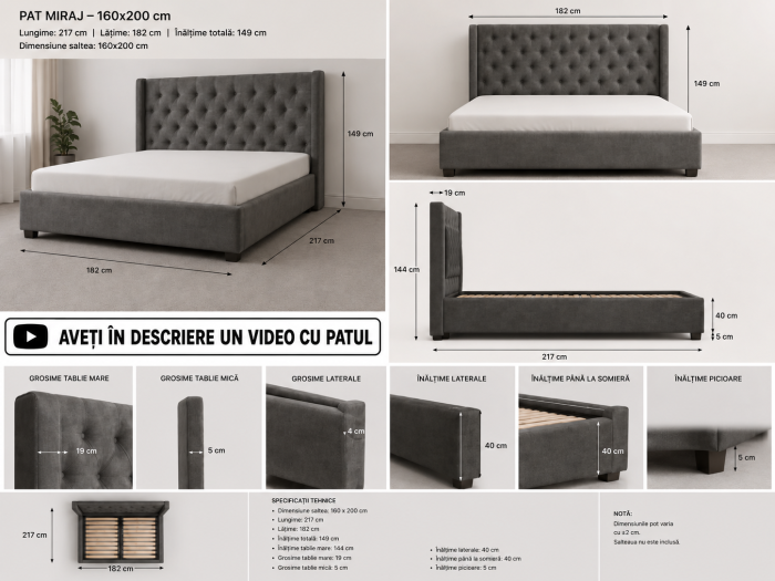 Pat Miraj 160x200 cm Tapitat Catifea Bej Somiera Inclusa ML1619 [4]