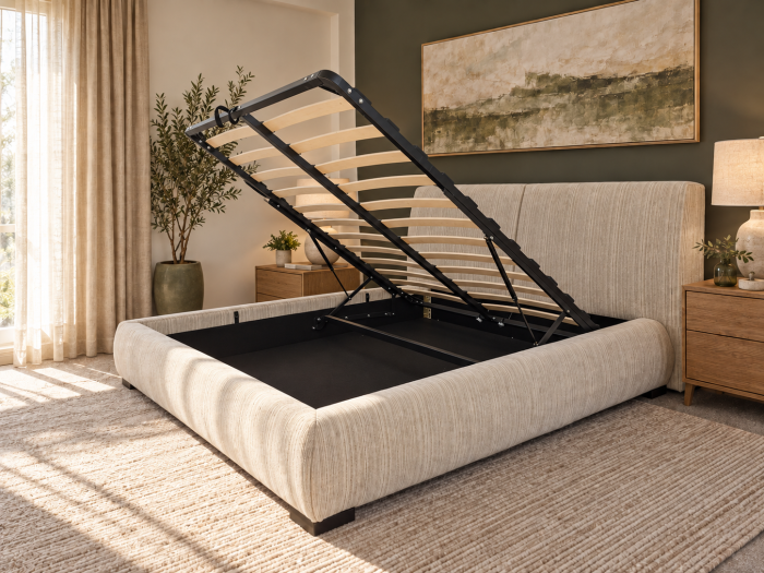 Pat Moda 160x200 cm Lada de Depozitare Tapitat Stofa Bej Somiera Inclusa (cod ML2616-PEAK-110) [2]