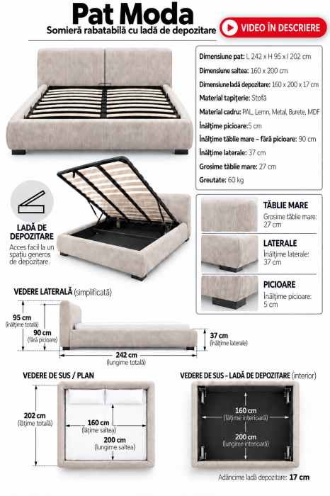 Pat Moda 160x200 cm Lada de Depozitare Tapitat Stofa Bej Somiera Inclusa (cod ML2616-PEAK-110) [14]