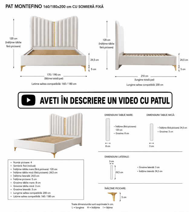 Pat Montefino 160x200 cm Tapitat Catifea Nuanta Crem Somiera Inclusa (cod 6606) [6]