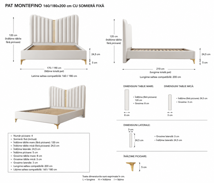 Pat Montefino 160x200 cm Tapitat Catifea Nuanta Crem Somiera Inclusa (cod 6606) [6]