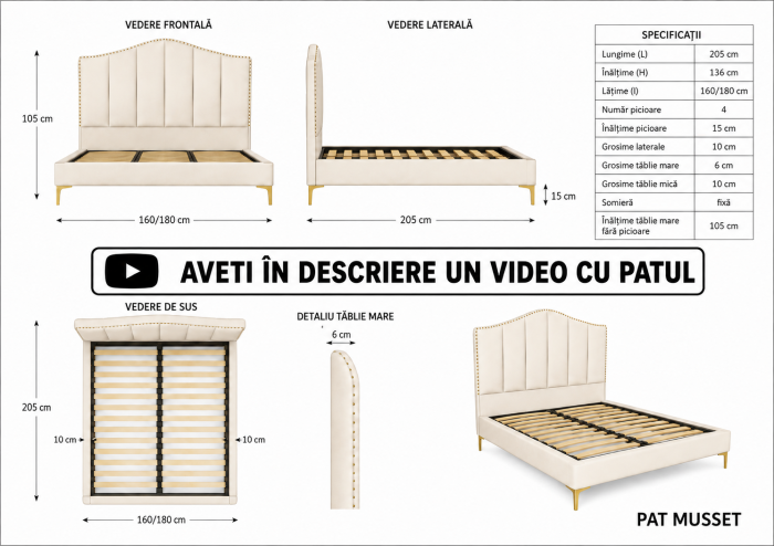 Pat Musset 140x190 cm Tapitat Catifea Nuanta Crem Somiera Inclusa (cod 6607) [9]