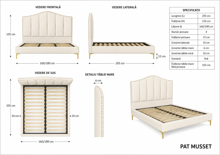 Pat Musset 160x190 cm Tapitat Catifea Nuanta Crem Somiera Inclusa (cod 6607) [9]