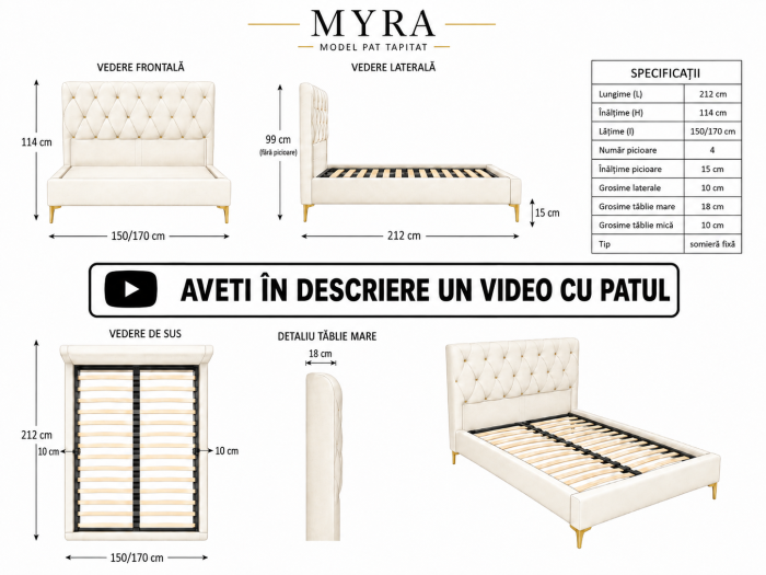 Pat Myra 140x190 cm Tapitat Catifea Nuanta Crem Somiera Inclusa (cod RC80) [7]