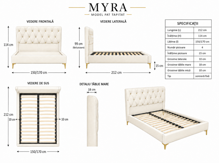 Pat Myra 160x190 cm Tapitat Catifea Nuanta Crem Somiera Inclusa (cod RC80) [8]
