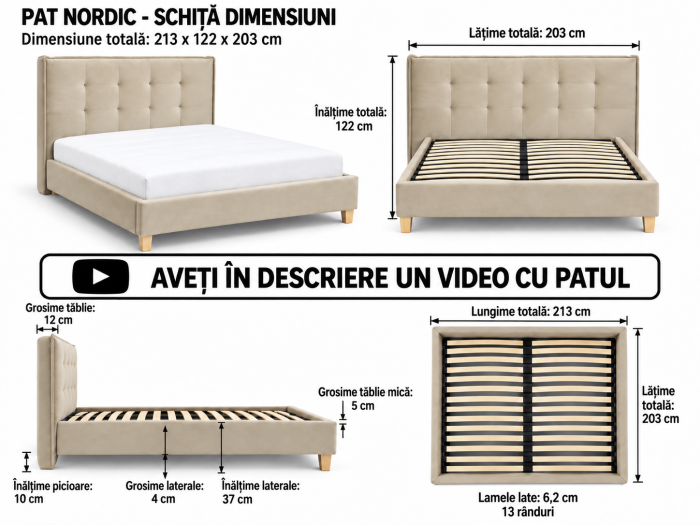 Pat Nordic 160x200 cm Tapitat Catifea Bej Somiera Inclusa (cod ML 2306-01) [15]