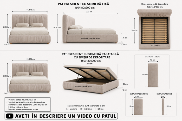 Pat President 160x200 cm Lada Depozitare Tapitat Stofa Bej Somiera Inclusa ( ML 2506 ) [6]