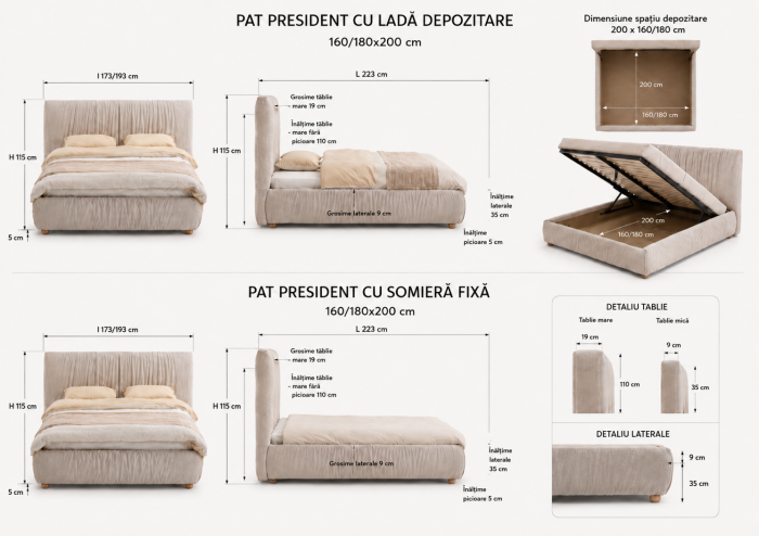 Pat President 180x200 cm Lada Depozitare Tapitat Stofa Bej Somiera Inclusa ( ML 2506 ) [6]