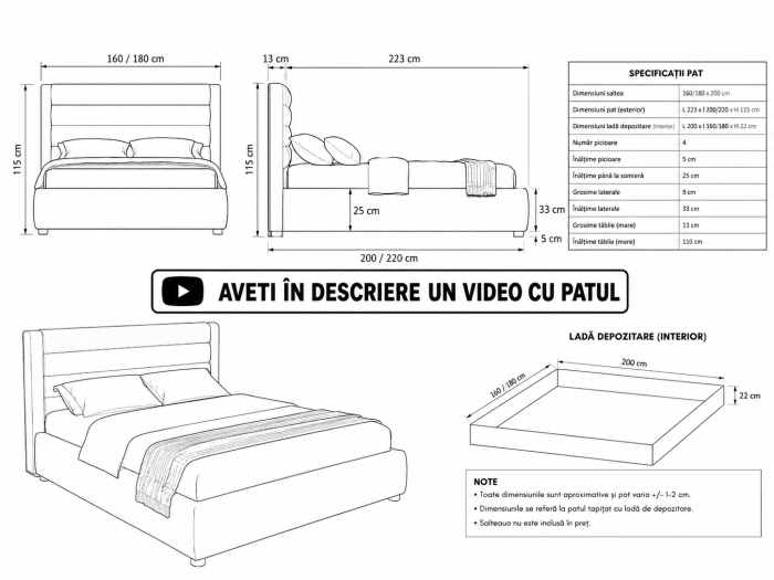 Pat Prestige 160x200 Lada de Depozitare Tapitat Sofa Gri (cod:ML2514) [5]