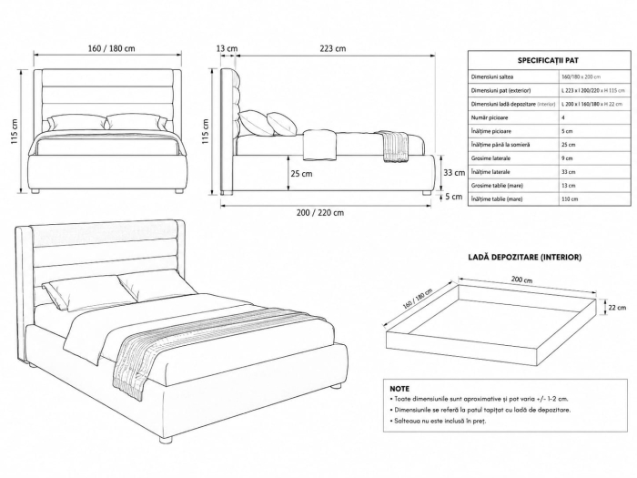 Pat Prestige 160x200 Lada de Depozitare Tapitat Sofa Gri (cod:ML2514) [7]