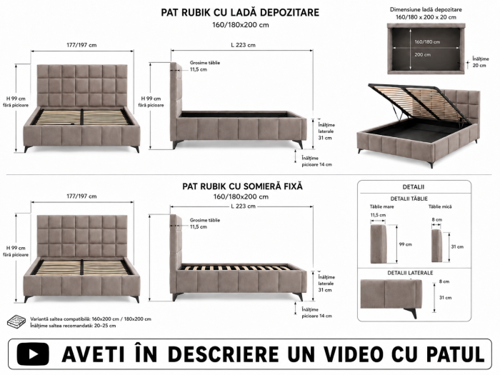 Pat Rubik 180x200 cm Tapitat Catifea Crem Somiera Inclusa  Marketmob [3]