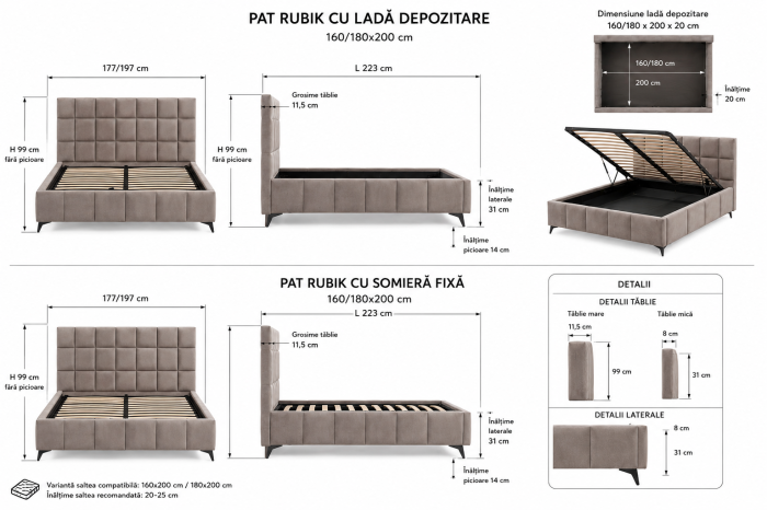 Pat Rubik 180x200 cm Tapitat Catifea Crem Somiera Inclusa  Marketmob [8]