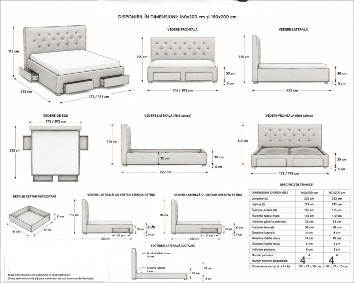 Pat Sunday 160x200 cm Lada Depozitare Tapitat Stofa Gri COD D1 Marketmob [10]