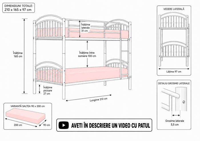Pat Supraetajat 215x99 cm Metalic Negru Kids MBO6 [5]
