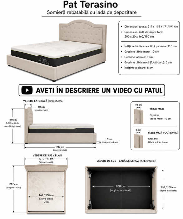 Pat Terasino 160x200 cm Lada Depozitare Tapitat Stofa Bej Somiera Inclusa (cod D3-9) [8]