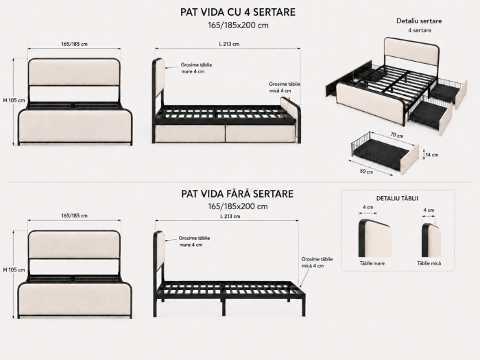 Pat Vida 160x200 cm Tapitat Stofa Bej Somiera Metalica Inclusa [7]