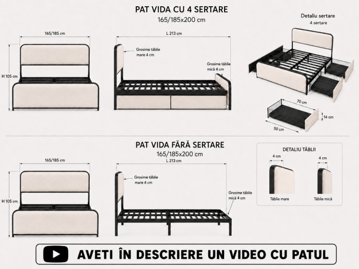 Pat Vida 180x200 cm 4 Sertare Tapitat Stofa Bej Somiera Metalica Inclusa Model M20 [8]