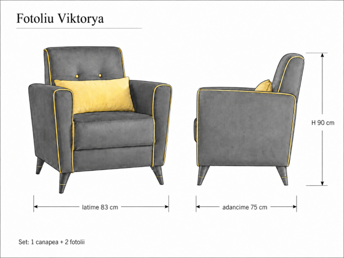 Set 3+1+1 Viktorya Lada Depozitare Tapitat Catifea Gri/Galben [3]